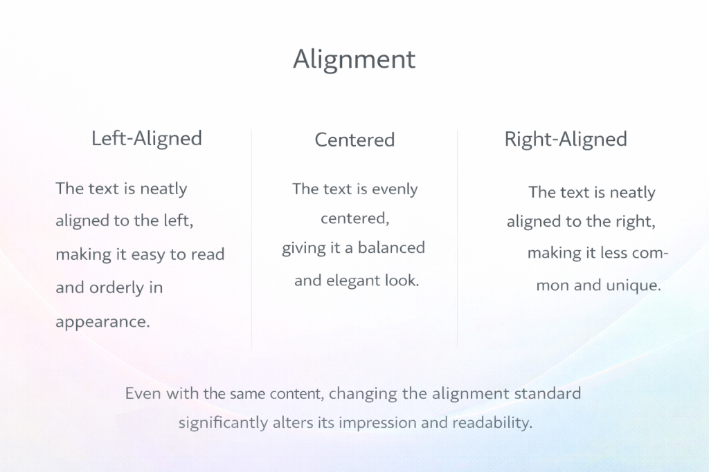 同じ内容でも、揃え方（整列の仕方）を変えるだけで、受ける印象や読みやすさは大きく変わります。